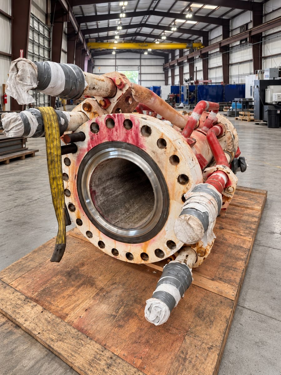 A large flanged body on a timber pallet, machined bore facing out and every nozzle end capped and taped, staged on the shop floor for build.