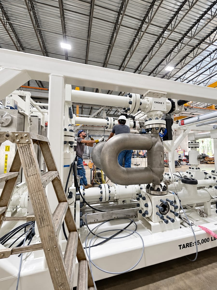 Two technicians fitting a stainless return bend into a skid-mounted manifold, the flanged piping and valves already set in the frame around them.
