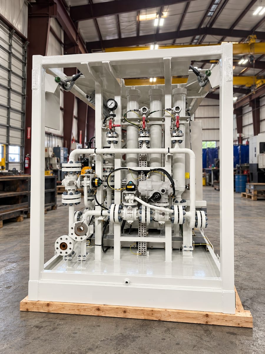 A completed process skid in its painted structural frame: vertical vessels, valves, instrumentation and piped connections built into the frame and set down on timber.