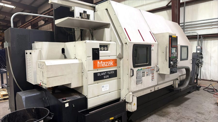 A Mazak Slant Turn 50N CNC lathe on the machine shop floor.