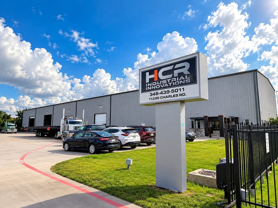 The HCR Industrial Innovations shop in Houston, the company sign at the entrance and the fabrication bays running back from it.