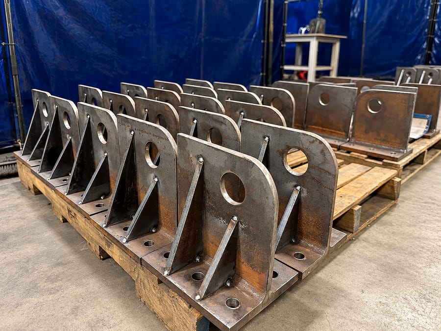 Finished lifting lugs stacked in rows on pallets, each with its bored eye, gussets and base plate welded up.