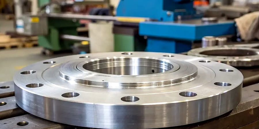 A finished flange face with bolt holes, still set up on the machine table.