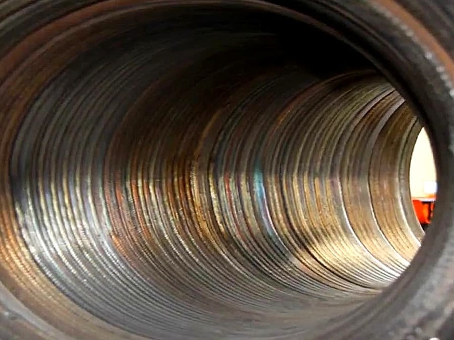Weld overlay laid down the full length of a bore, bead on bead around the circumference.