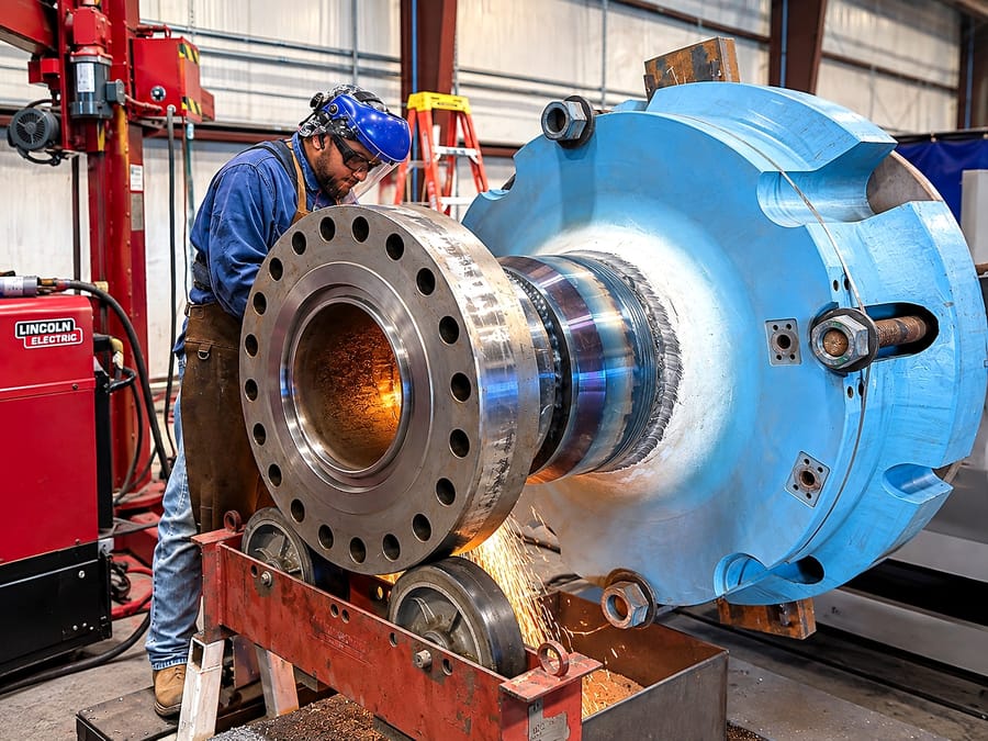 A pressure-retaining body turning on rolls while a welder dresses the circumferential weld, the bolted flange and machined bore in the foreground.