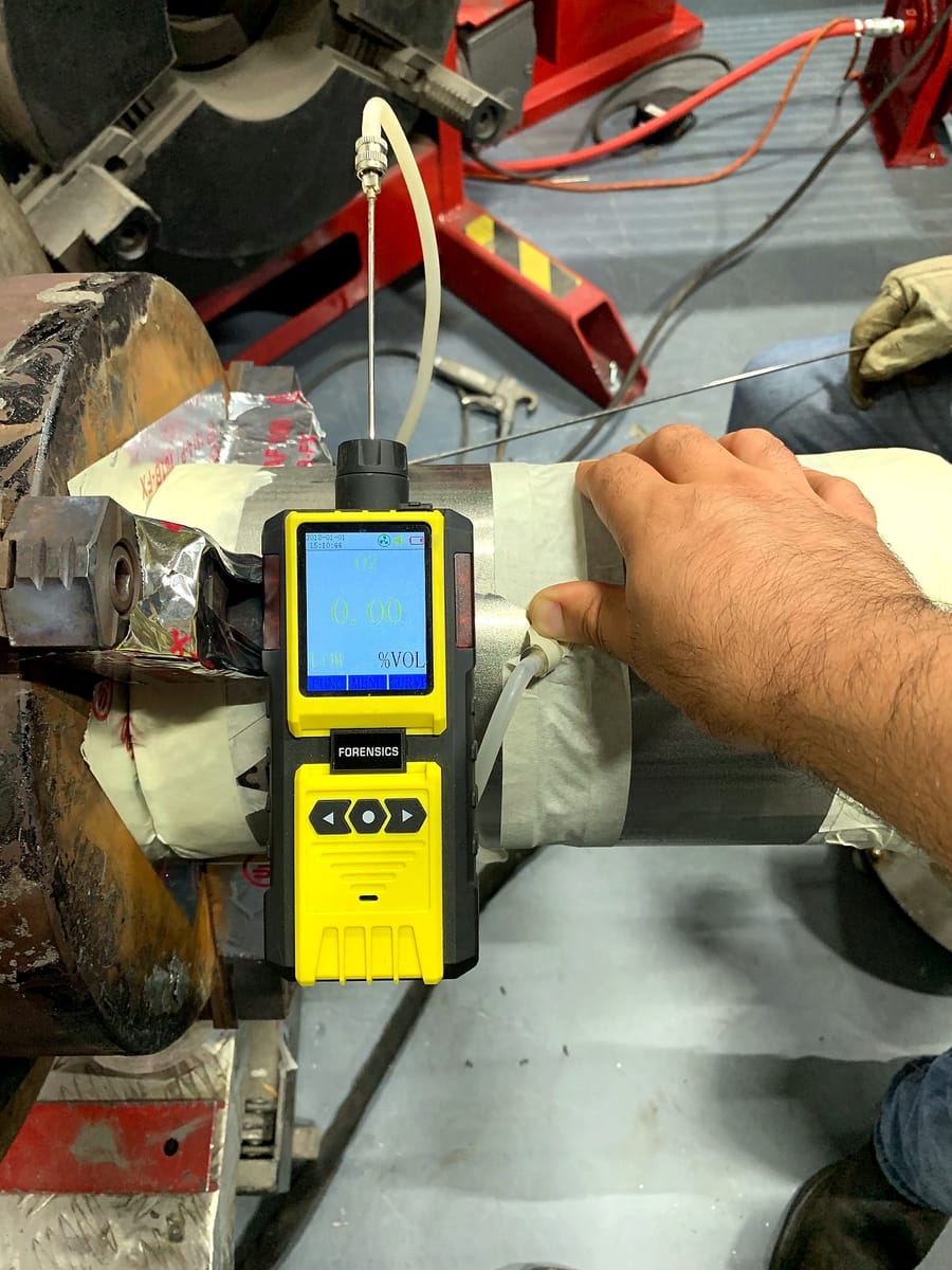 An oxygen meter used to verify purge levels before welding.