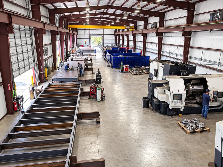 The length of the shop from above: structural steel laid out on the fabrication table on one side, the machine shop and a CNC lathe on the other, the crane running the length of the bay.