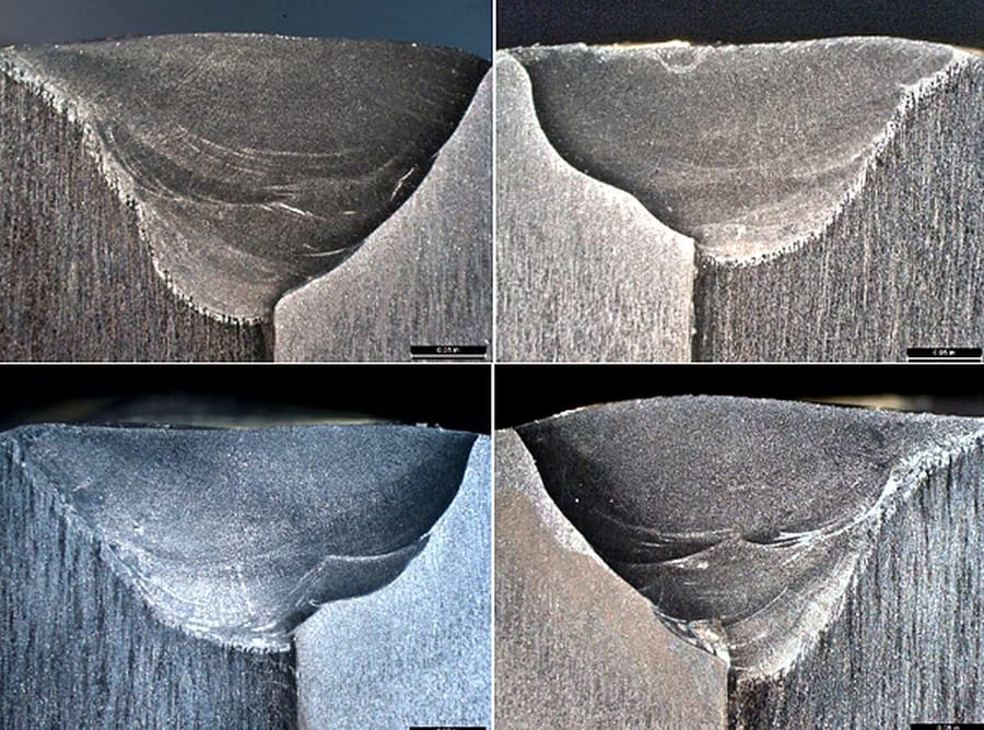 Four weld macro sections set side by side for comparison.